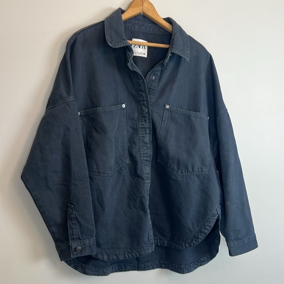 Zara charcoal gray oversized button up denim jacket size medium - Picture 1 of 17